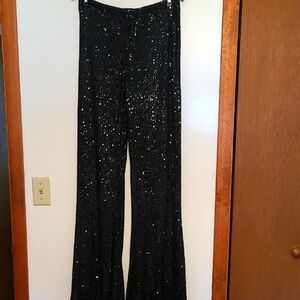 NWT Wisteria Lane Black Sequin Pants With Flare Legs Sz L